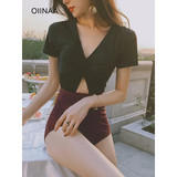 One-Piece Swimsuit – V-Neck Twist Front Cutout Design