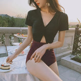 One-Piece Swimsuit – V-Neck Twist Front Cutout Design