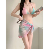 Pastel Gradient Halter Bikini Set – 3PC Korean Swimsuit with Mesh Skirt