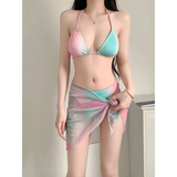 Pastel Gradient Halter Bikini Set – 3PC Korean Swimsuit with Mesh Skirt