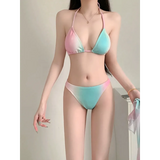 Pastel Gradient Halter Bikini Set – 3PC Korean Swimsuit with Mesh Skirt