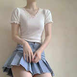 Ribbon Lace Trim Puff Sleeve T-Shirt