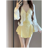 Ruched Knot Swimsuit Set – Korean Mini Dress with Sheer Cover-Up