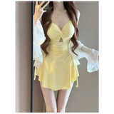 Ruched Knot Swimsuit Set – Korean Mini Dress with Sheer Cover-Up