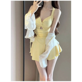 Ruched Knot Swimsuit Set – Korean Mini Dress with Sheer Cover-Up