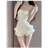 Ruffle One-Piece Swimsuit – Korean Bow Bodysuit with Pearl Strap