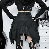 Gothic Punk Ruffle Skirt – Irregular Hem Drawstring Tie-Up Mini Skirt