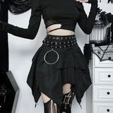 Gothic Punk Ruffle Skirt – Irregular Hem Drawstring Tie-Up Mini Skirt