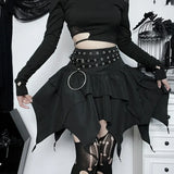 Gothic Punk Ruffle Skirt – Irregular Hem Drawstring Tie-Up Mini Skirt