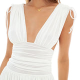 White Pleated Deep V-Neck Mini Dress