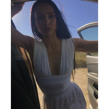 White Pleated Deep V-Neck Mini Dress