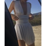 White Pleated Deep V-Neck Mini Dress