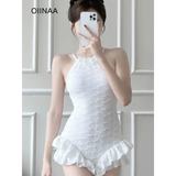Textured Swimsuit – Ruffled Hem Halter One-Piece Beachwear