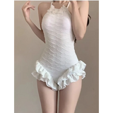 Textured Swimsuit – Ruffled Hem Halter One-Piece Beachwear