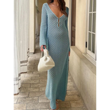 Sexy Women Long Knit Beach Dress Hollow-Out Deep V-Neck Long Sleeve Bikini Cover-Ups Dress Fall Backless Holiday Dress