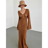 Sexy Women Long Knit Beach Dress Hollow-Out Deep V-Neck Long Sleeve Bikini Cover-Ups Dress Fall Backless Holiday Dress