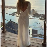 Sexy Women Long Knit Beach Dress Hollow-Out Deep V-Neck Long Sleeve Bikini Cover-Ups Dress Fall Backless Holiday Dress