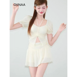 Ruffle Sleeve Bikini Set – Lace Trim Puff Top with Skirt Cover-Up