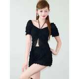 Ruffle Sleeve Bikini Set – Lace Trim Puff Top with Skirt Cover-Up