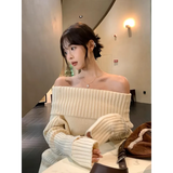 Beige Off Shoulder Knit Sweater – Elegant Harajuku Long Sleeve Pullover