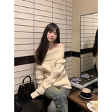 Beige Off Shoulder Knit Sweater – Elegant Harajuku Long Sleeve Pullover