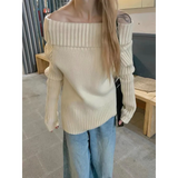 Beige Off Shoulder Knit Sweater – Elegant Harajuku Long Sleeve Pullover