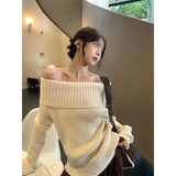 Beige Off Shoulder Knit Sweater – Elegant Harajuku Long Sleeve Pullover