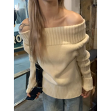 Beige Off Shoulder Knit Sweater – Elegant Harajuku Long Sleeve Pullover