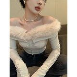 Off Shoulder Plush Trim Top – Y2K E-Girl Slim Fit Autumn Pullover