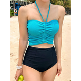 Strapless Bikini Set – High Waisted Black Contrast Lace Up Swimsuit