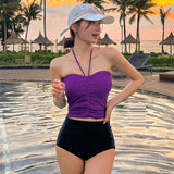 Strapless Bikini Set – High Waisted Black Contrast Lace Up Swimsuit