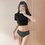 Striped Ribbed 3PC Bikini Set – Crop Top with High Waist Bottoms