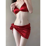 Satin Halter Bikini Set – Korean 3PCS Swimsuit with Skirt