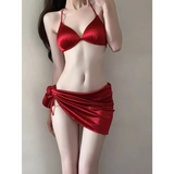 Satin Halter Bikini Set – Korean 3PCS Swimsuit with Skirt
