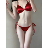 Satin Halter Bikini Set – Korean 3PCS Swimsuit with Skirt