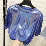 Summer Retro Bright Silk Loose Short Sleeve Top