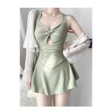 Pleated Cutout Swimsuit Dress – Korean Sexy Summer 2025 Swimwear