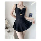 Pleated Cutout Swimsuit Dress – Korean Sexy Summer 2025 Swimwear