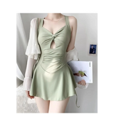 Pleated Cutout Swimsuit Dress – Korean Sexy Summer 2025 Swimwear