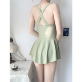Pleated Cutout Swimsuit Dress – Korean Sexy Summer 2025 Swimwear