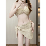 Pleated Bikini Set – Halter Top with Wrap Skirt Cover-Up