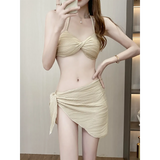 Pleated Bikini Set – Halter Top with Wrap Skirt Cover-Up