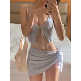 Lavender Low Cut Bikini Set – Halter Lace Up with Wrap Skirt Cover-Up