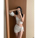 Lavender Low Cut Bikini Set – Halter Lace Up with Wrap Skirt Cover-Up