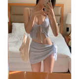 Lavender Low Cut Bikini Set – Halter Lace Up with Wrap Skirt Cover-Up