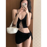 Lavender Low Cut Bikini Set – Halter Lace Up with Wrap Skirt Cover-Up