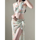 Floral Halter Bikini Set – Ruffled Mesh Wrap Skirt Swimwear