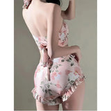 Floral Halter Bikini Set – Ruffled Mesh Wrap Skirt Swimwear