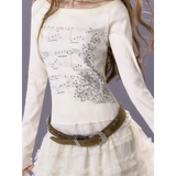 Y2K Aesthetic Long Sleeve Crop Top – Lace Grunge Print T-Shirt