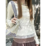 Y2K Aesthetic Long Sleeve Crop Top – Lace Grunge Print T-Shirt